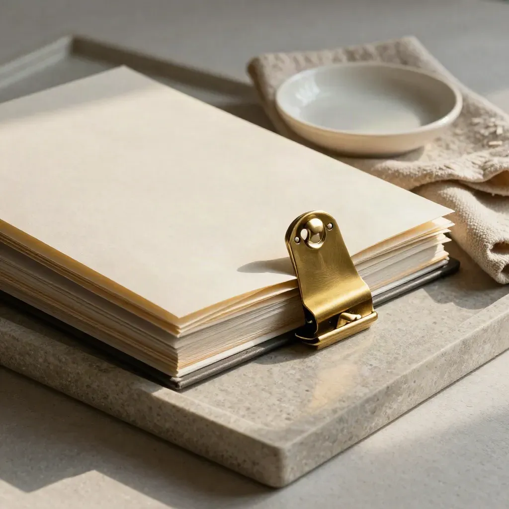 Stacked policy binder, brass clip, ceramic dish, and linen cloth on a stone tray in soft light