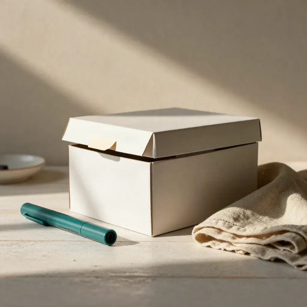 Open workshop deck box with card edge, teal marker, and folded linen on pale wood