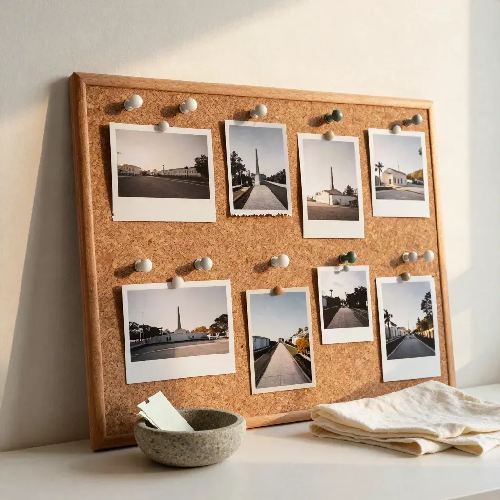 Cork pinboard with route pins, tiny photo backs, and a stone bowl on plaster.