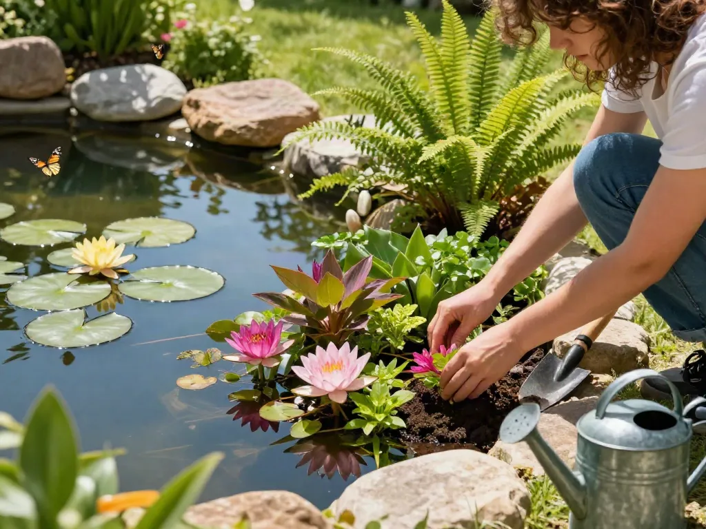 Buy Pond Plants Online with vibrant garden scene showing colorful aquatic plants and serene pond setting.