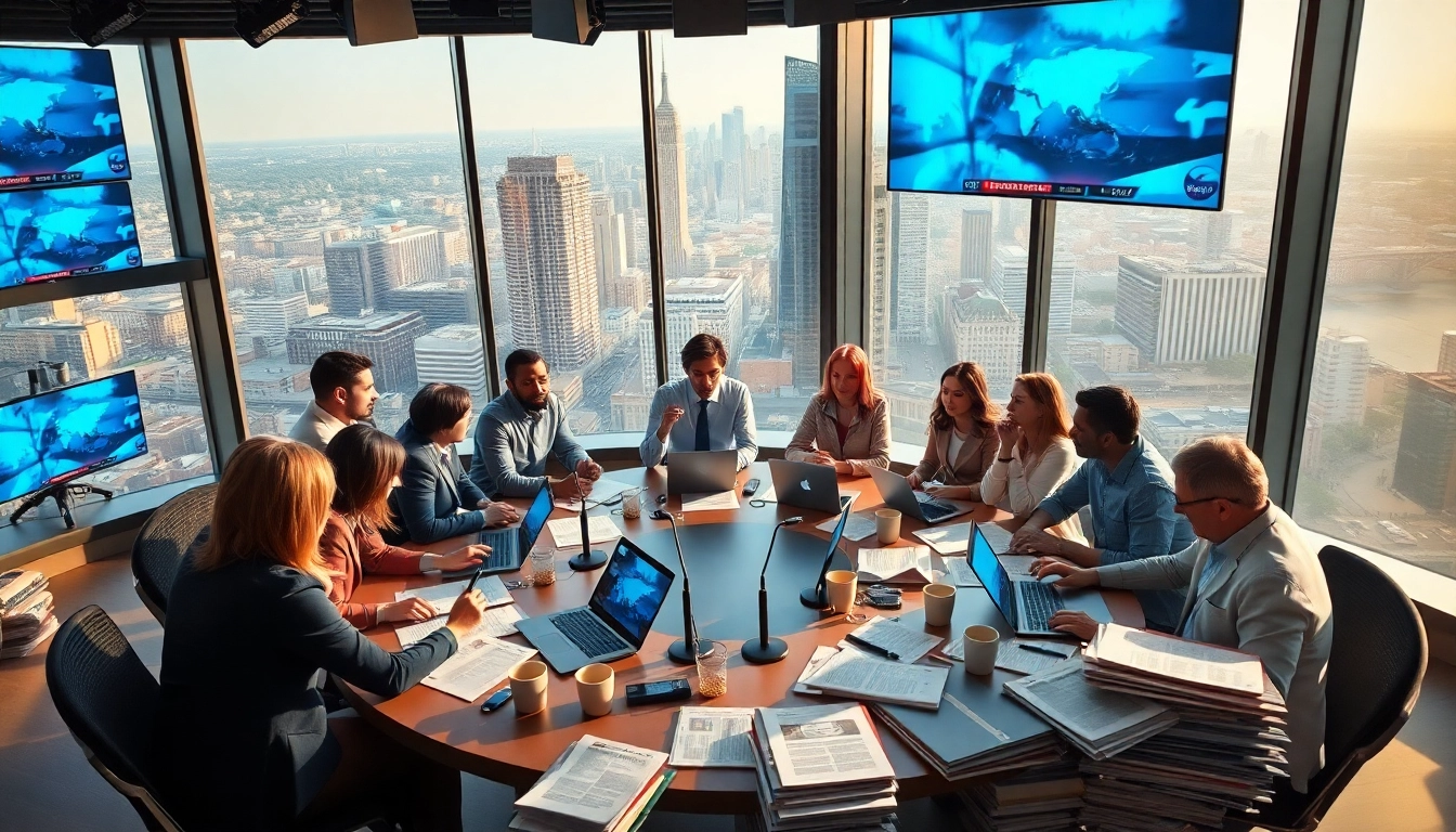 Journalists reporting breaking news in a vibrant newsroom environment.