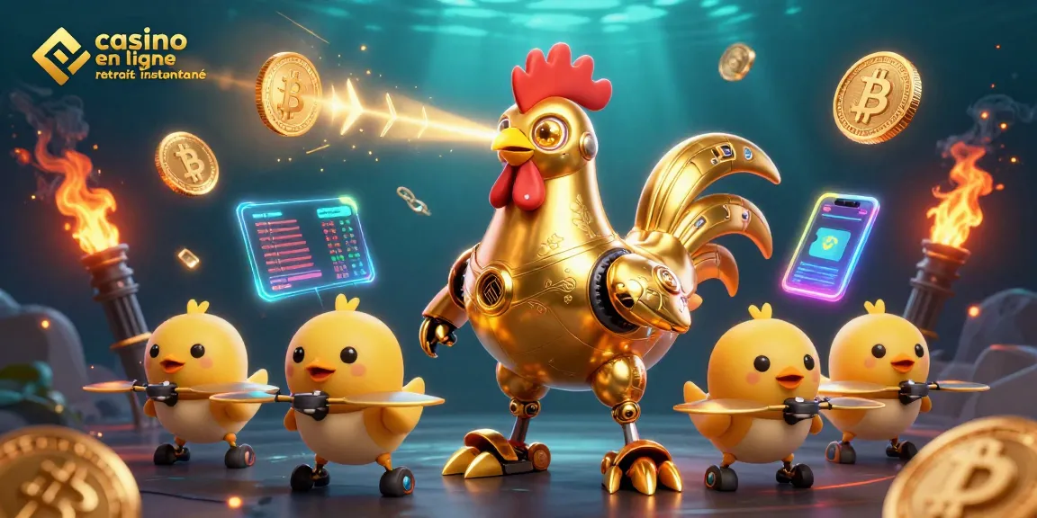 Activant votre chance dans le casino en ligne retrait instantané avec une illustration captivante de robots et cryptomonnaies.