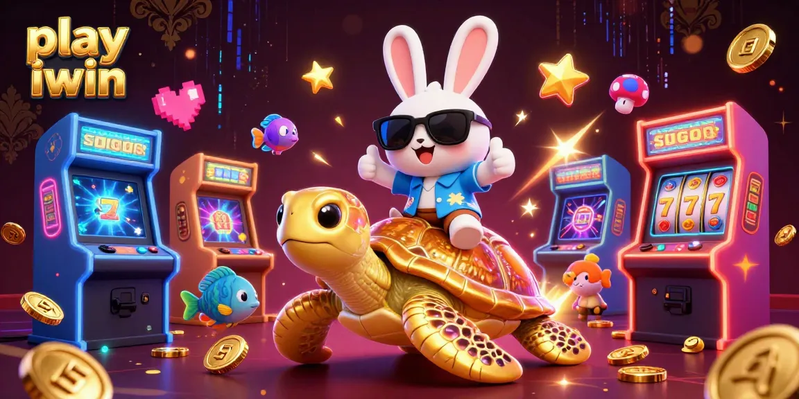 Play iwin excitingly with this vibrant 3D casino scene featuring a lucky rabbit and golden sea turtle.