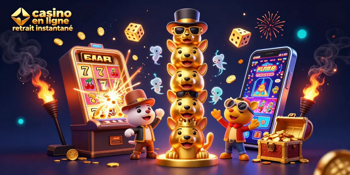 Illustration vibrante du casino en ligne retrait instantané avec un totem et un jackpot spectaculaire.