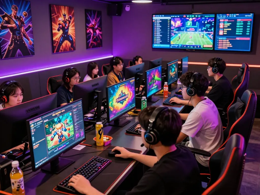 Suasana lounge permainan yang menarik dengan pemain menikmati permainan situs slot gacor di layar yang cerah, menunjukkan budaya permainan modern.