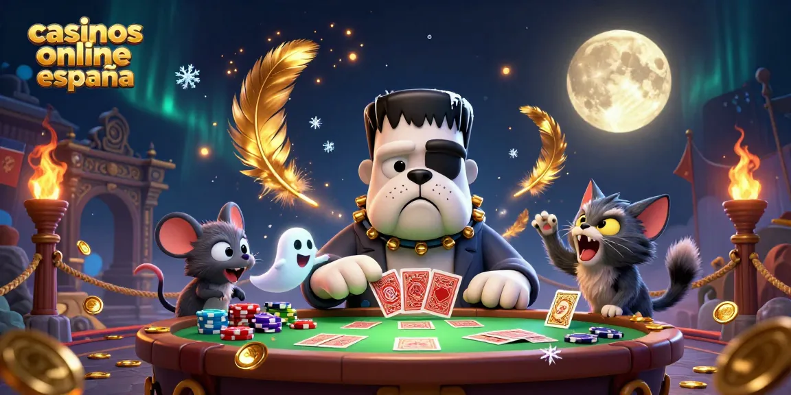 Ilustre la emoción en casinos online España con un bulldog Frankenstein y un gatito hombre lobo en acción.