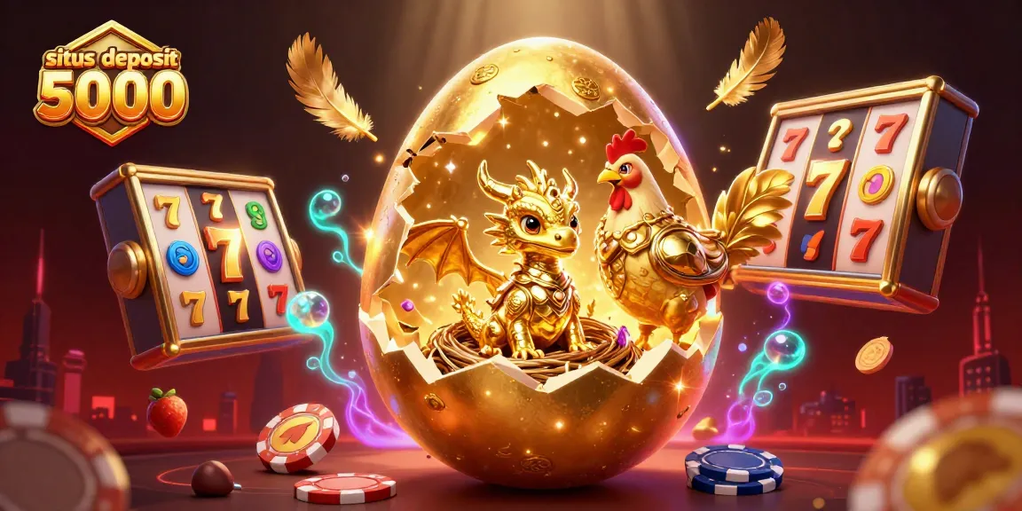Play exciting games at situs deposit 5000 with golden dragon and slot elements in a vibrant scene.