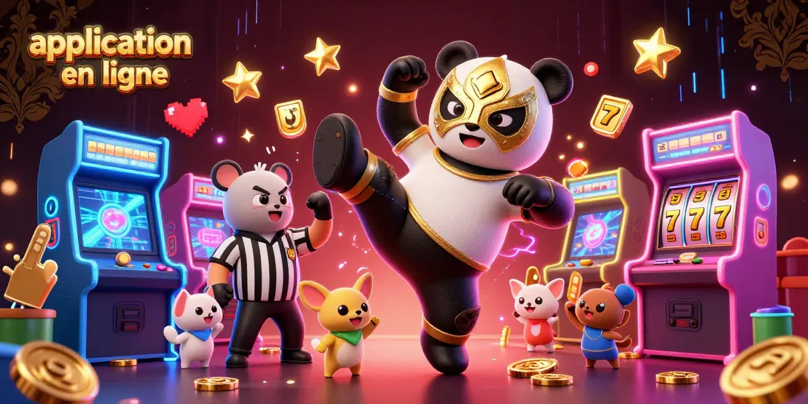 Application casino en ligne avec un panda lutteur faisant un coup de pied épique et un chihuahua arbitre.