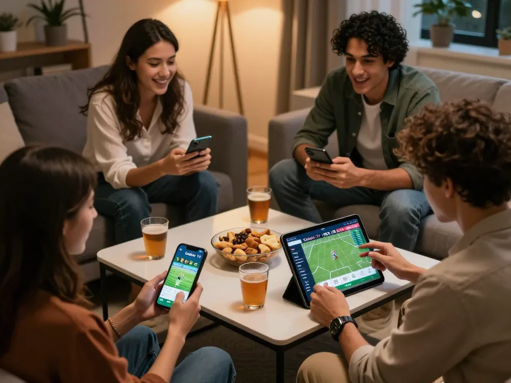 Group of friends placing bets using Cakhia TV app on their devices while enjoying snacks.