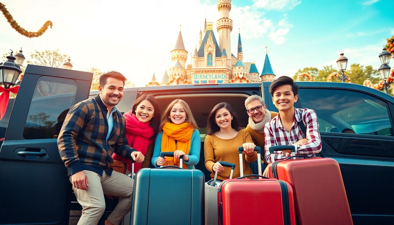 Experience Disneyland Paris airport transfer services with a family arriving joyfully at the park.