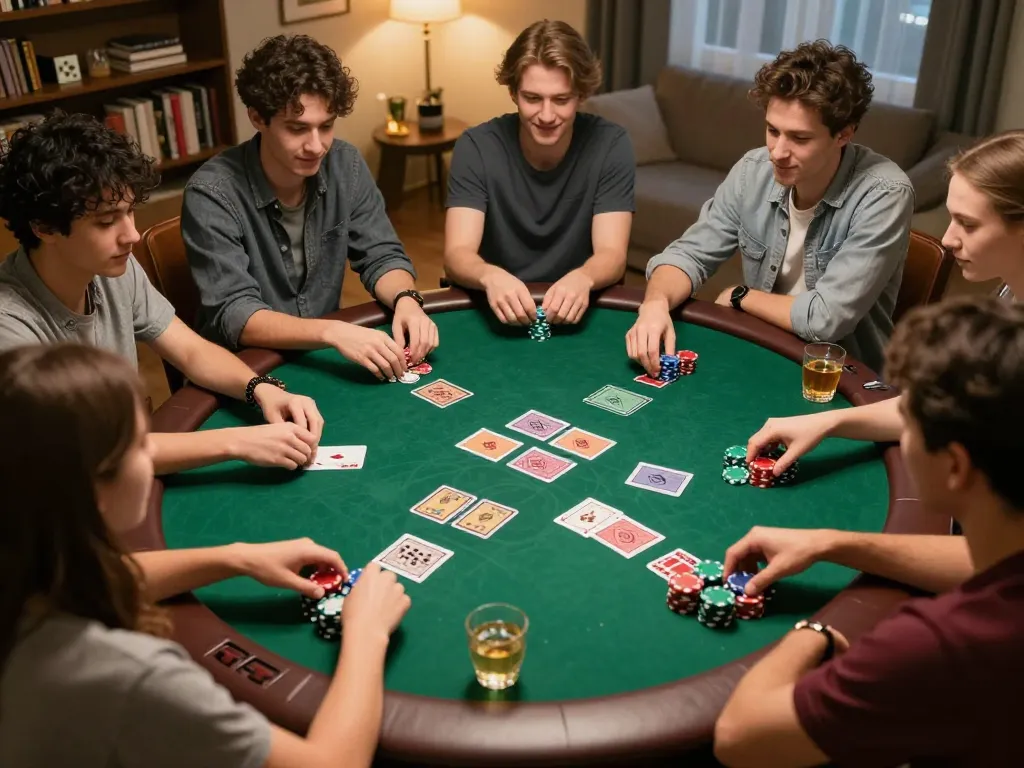 Friends enjoying a poker game at home with diverse chips and cards in play, showcasing KK55's social gaming atmosphere.