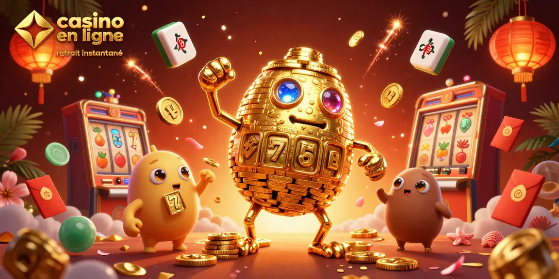 Jouez dans un casino en ligne retrait instantané avec ce golem doré entouré de chance et de symboles gagnants.