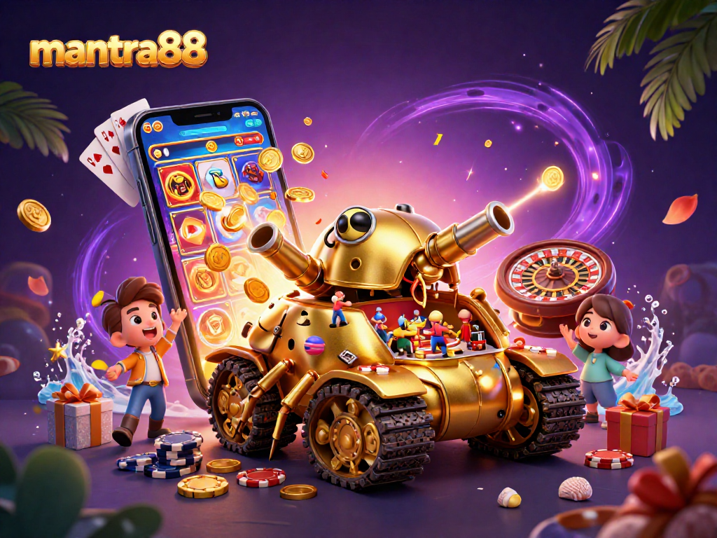 Play thrilling games on mantra88 with a vibrant scene featuring a digital casino and slot action.