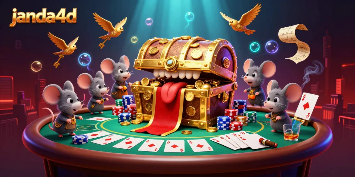 Menggoda pemain dengan janda4d, peti harta 3D memikat dan banyak poker chip di sekitar meja, suasana kasino penuh warna.