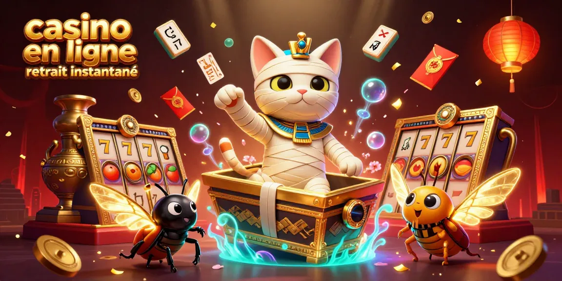 La scène captivante d'un casino en ligne retrait instantané avec un chat momie égyptien et des éléments de jeu colorés.