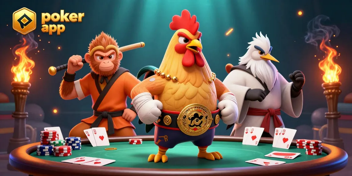 Gioca a poker app con un gallo combattente Muay Thai, un maestro di sciolin e una gru saggia in un'atmosfera emozionante.
