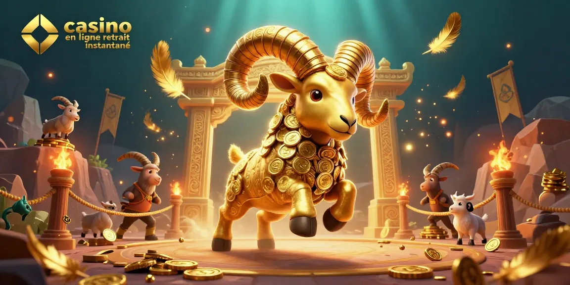 Plongez dans l'univers captivant du casino en ligne retrait instantané avec un ram doré et des pièces éparpillées.