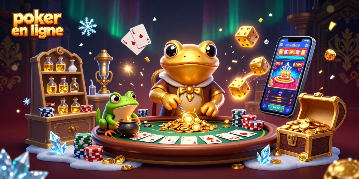 Jouer au poker en ligne avec des amis sur une table animée entourée de pièces d'or et de dés scintillants.