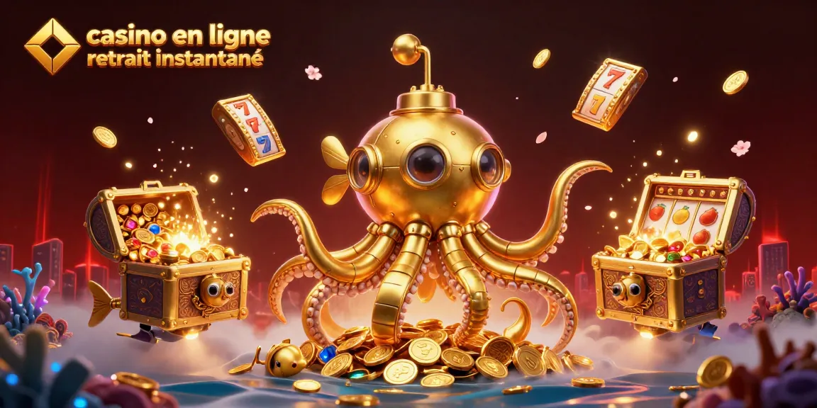 Aperçu d’un jeu de casino en ligne retrait instantané, avec un kraken doré, des poissons mécaniques et des rouleaux de machines à sous.