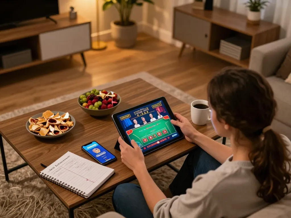 Engage with paris888 in a cozy home gaming setup showcasing online casino gameplay and strategic notes.