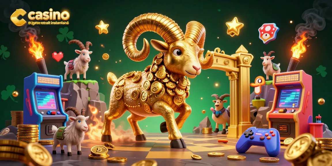 Illustration dynamique représentant le casino en ligne retrait instantané avec des éléments de jeu colorés et un bélier en or.