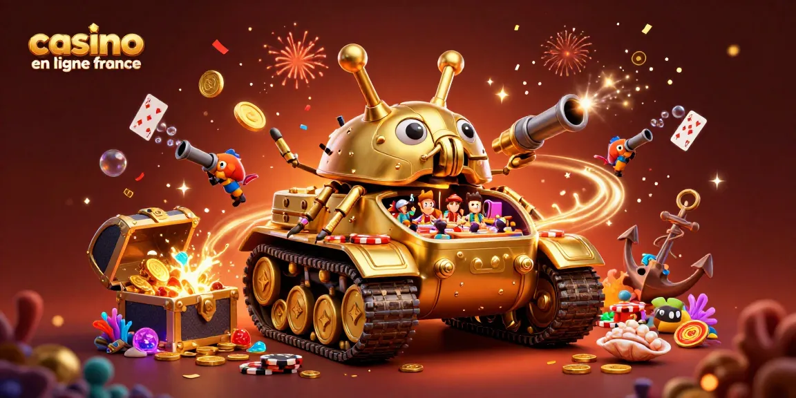 Découvrez le casino en ligne France avec cette illustration dynamique et colorée, où un tank doré révèle un casino miniature.
