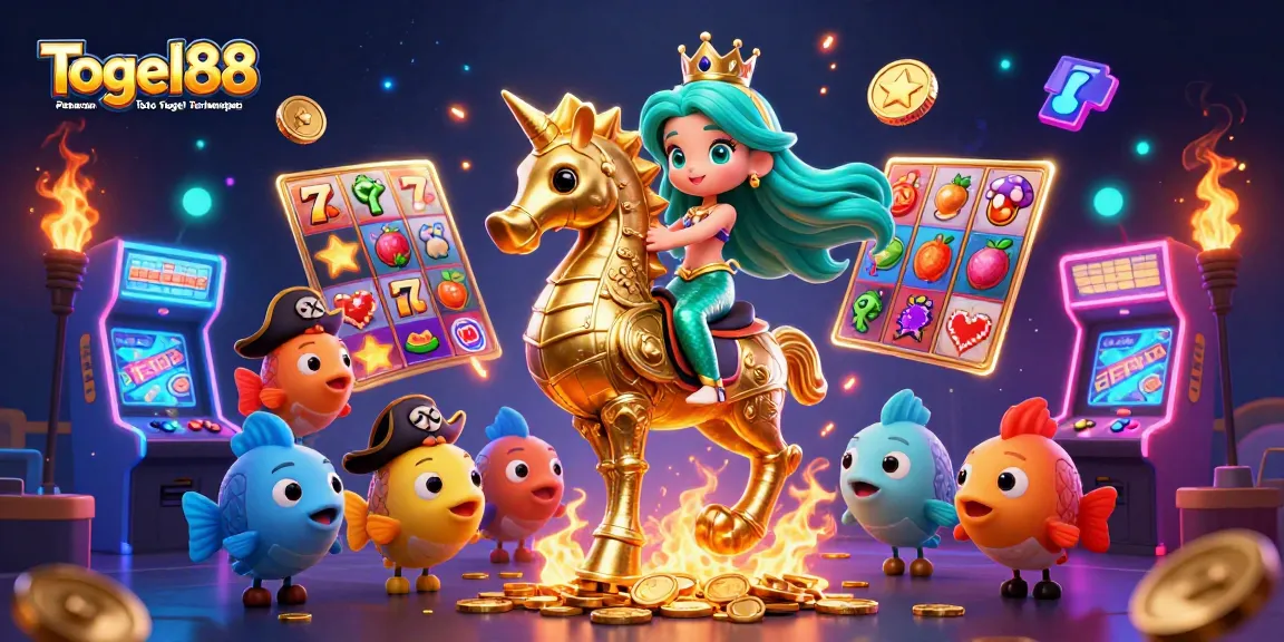 Experience the excitement of Togel88 Pasaran Toto Togel Terlengkap in a vibrant 3D illustration showcasing a mermaid riding a seahorse amidst casino game elements.