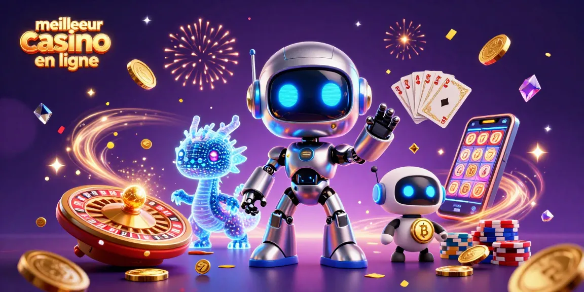 Visuel dynamique illustrant le meilleur casino en ligne avec robot futuriste et dragon AI.