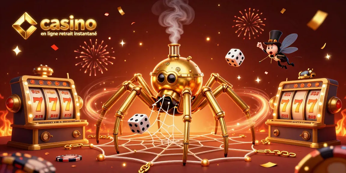 Visuel captivant de casino en ligne retrait instantané avec une araignée steampunk et des éléments de jeu scintillants.