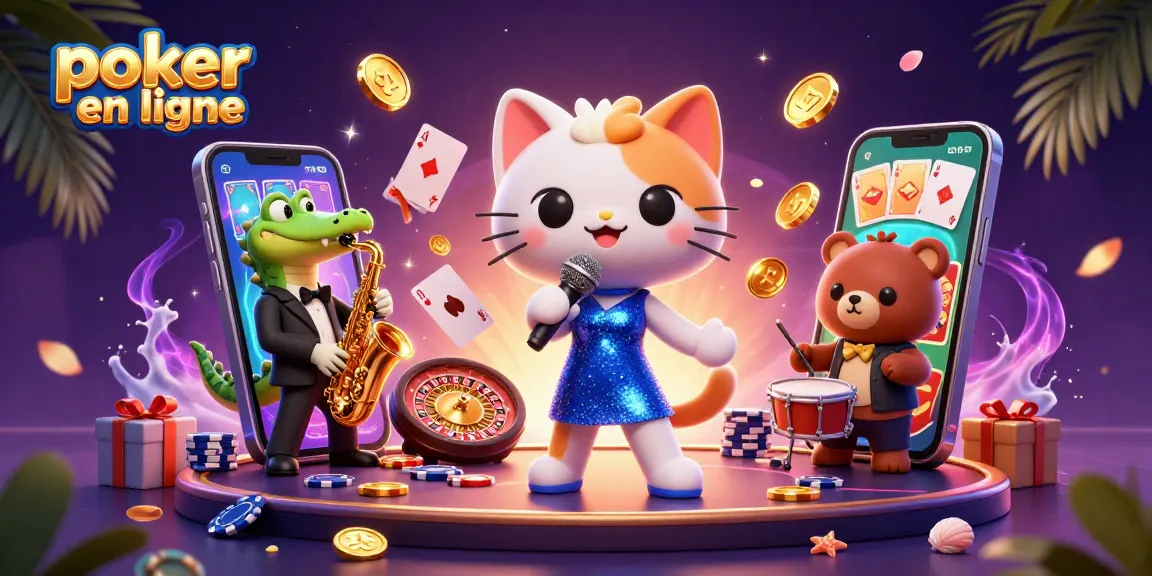 Jouer au poker en ligne dans un univers animé avec un chat chanteur, un crocodile saxophoniste et un ourson batteur.