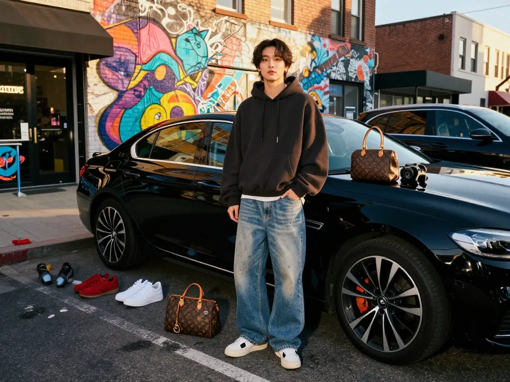 Fashionable individual showcasing accessories from a 레플리카 사이트 in an urban setting.