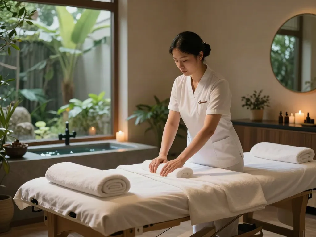 산본출장마사지 in a tranquil wellness center, featuring a professional preparing a relaxing massage space.