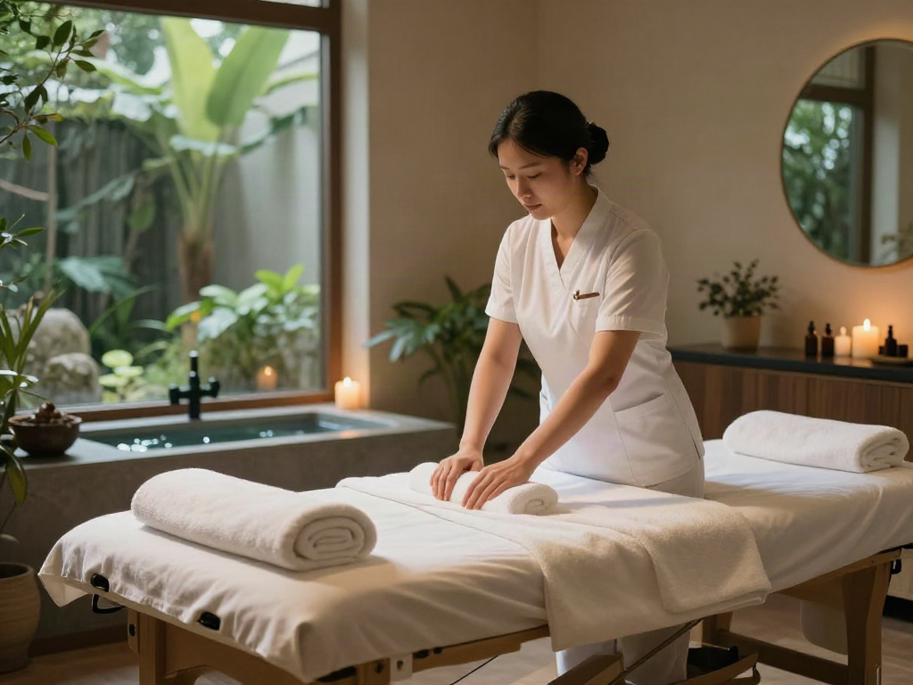 산본출장마사지 in a tranquil wellness center, featuring a professional preparing a relaxing massage space.