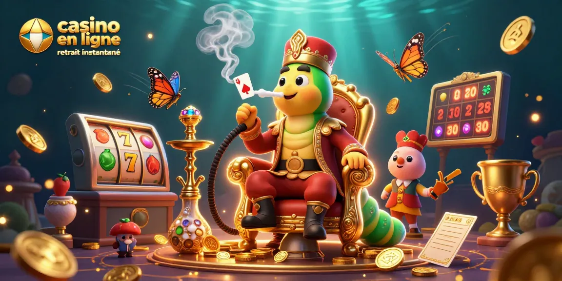 Casino en ligne retrait instantané : Visualisez cette scène dynamique de jeux avec un maître de la chicha et des éléments de machines à sous.