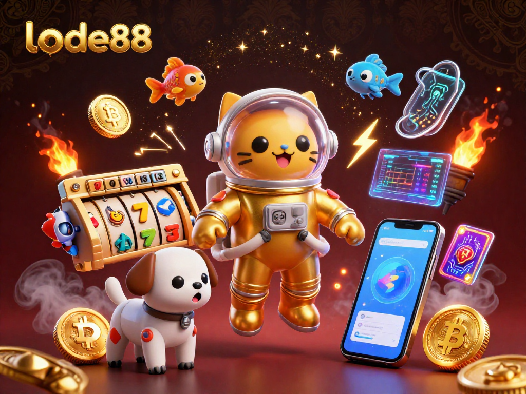 Engage with lode88: A vibrant scene featuring a golden astronaut cat and elements of casino jackpots.