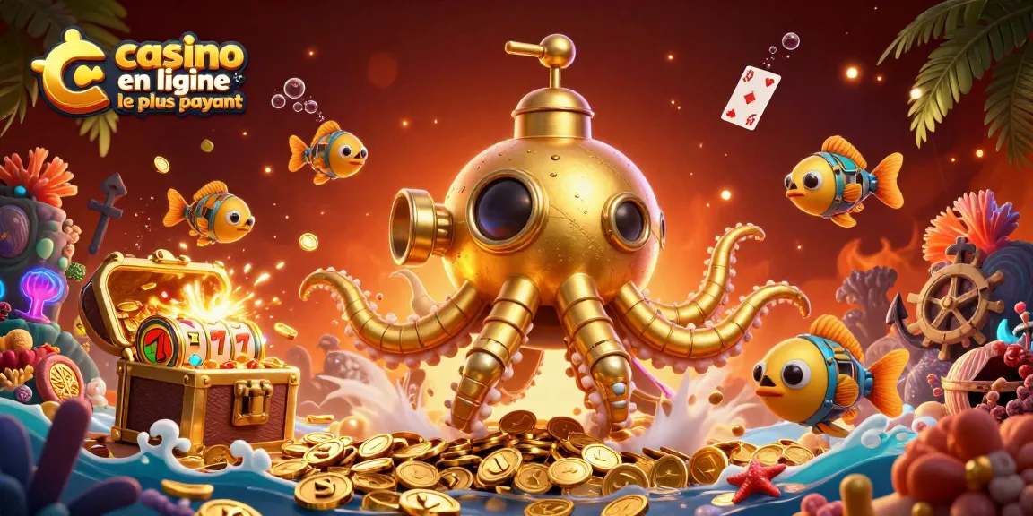 Plongez dans l'univers du casino en ligne le plus payant avec une scène dynamique de kraken doré et de pièces d'or.