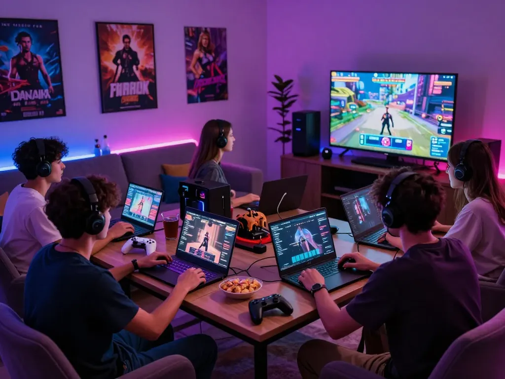 Friends enjoying interactive sex games online in a stylish living room.