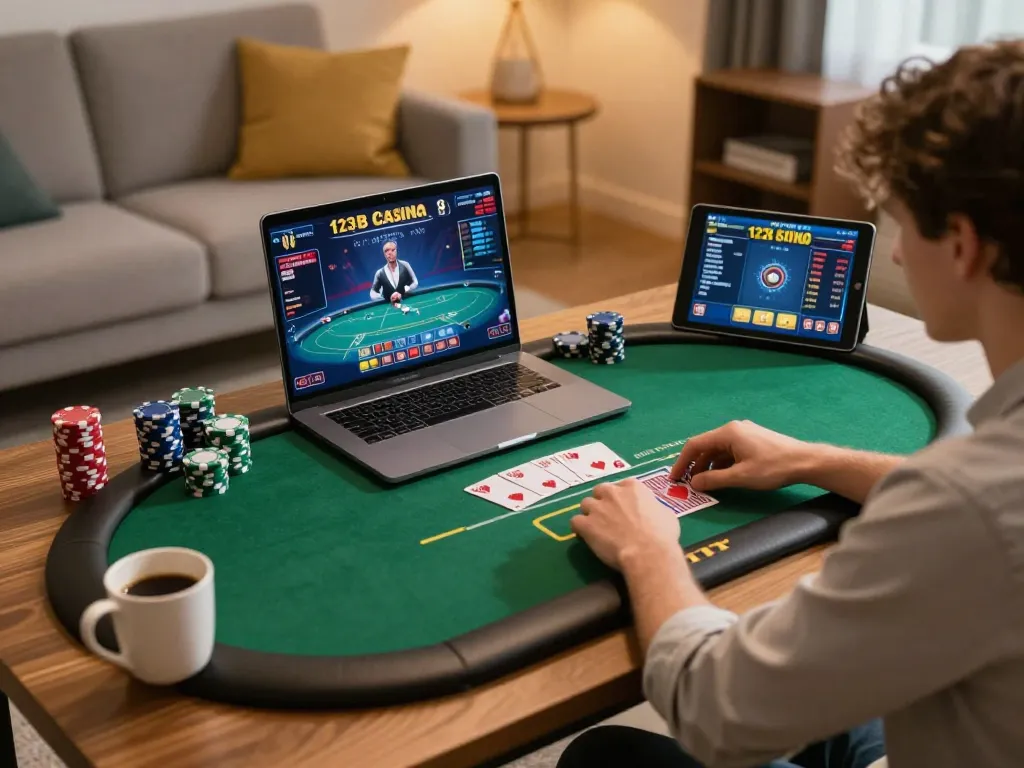 Player engaging in online poker gaming at 123b-bm, cozy home setup showing detailed game interface.
