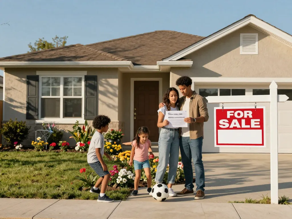 Sell my house fast for cash with a happy family receiving an offer in their front yard
