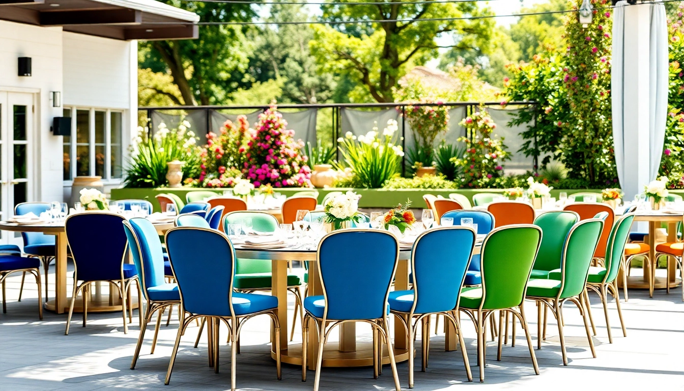 Stylish chair rentals displayed in an elegant outdoor setting, featuring vibrantly colored chairs.