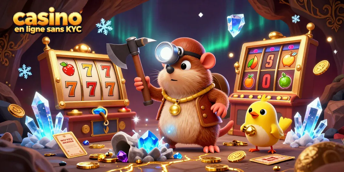 Illustration d'un casino en ligne sans KYC avec un taupe, un canari, des machines à sous et des éléments dorés.