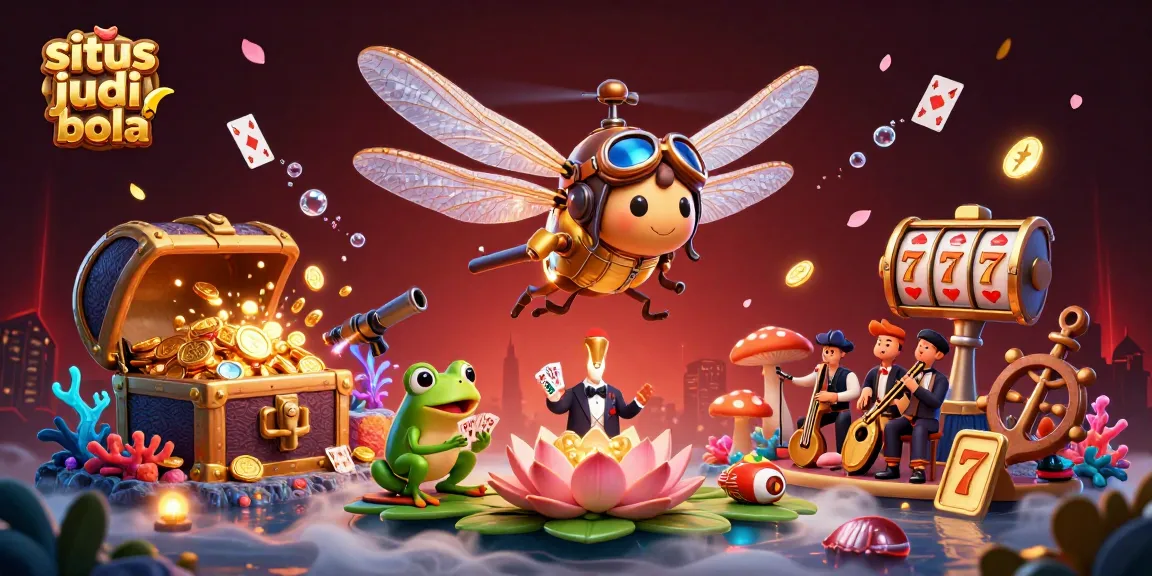 situs judi bola vibrant casino scene showcasing a dragonfly pilot, frog croupier, and jazz musicians