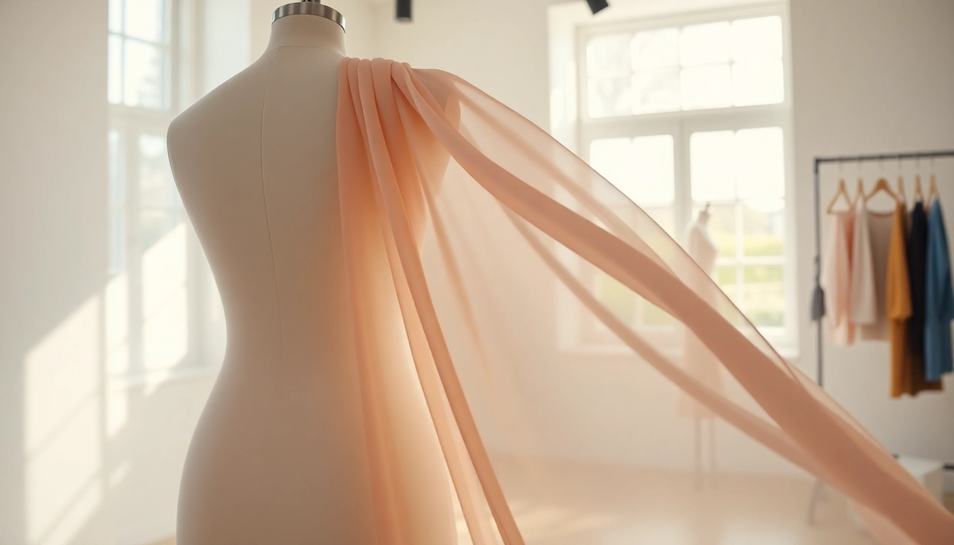 Chiffon stof elegant gepresenteerd over een paspop in een modieuze studio.