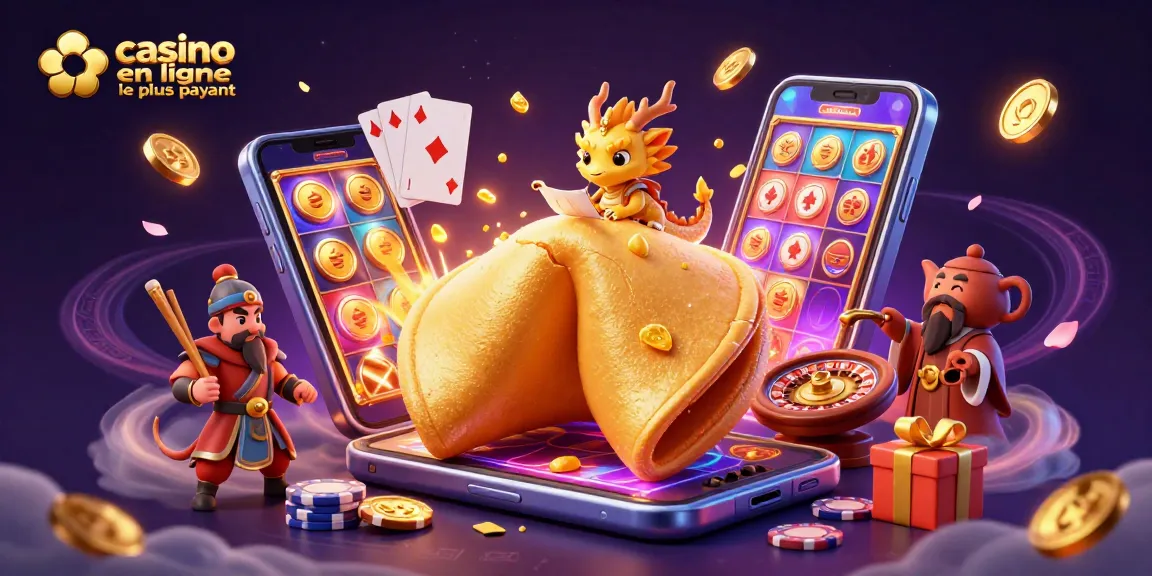 Casino en ligne le plus payant avec un dragon sage et un cookie de fortune doré, entouré de jeux et de jetons.