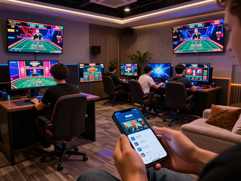 Engaging scene of online gaming with multiple screens featuring MB88-bm live dealer games in a modern setup