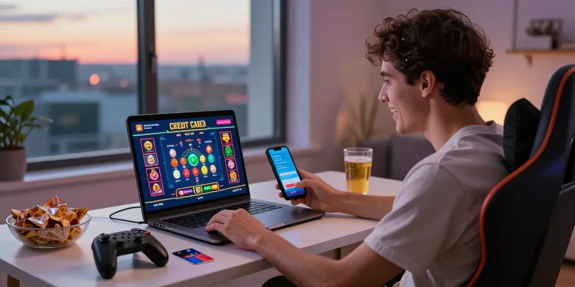 Engaging online gaming at https://alsbury.co.uk/, showcasing credit card casino excitement with a laptop, vibrant graphics, and cozy home ambiance.