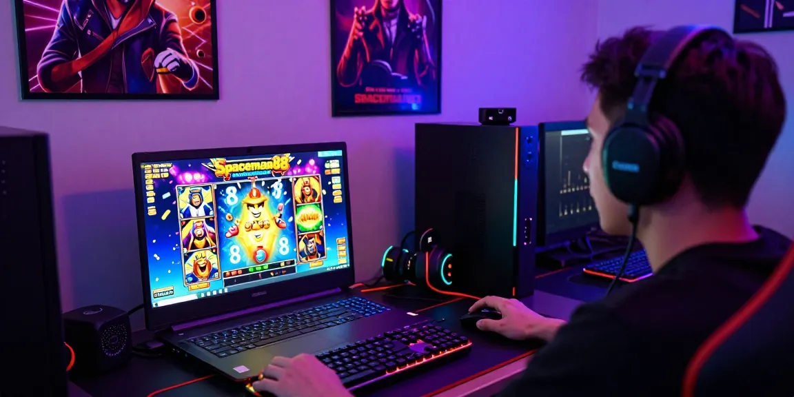 Player enjoying the Spaceman88 slot game in a vibrant gaming setup with colorful displays and excitement.