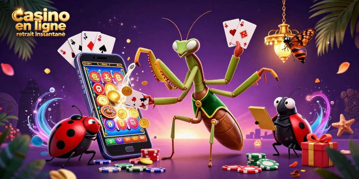 Un mante religieuse géant, un gendarme coccinelle et un papillon, animant le concept de casino en ligne retrait instantané.