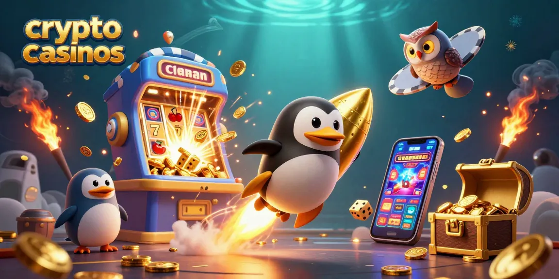 Jouez aux crypto casinos avec des machines à sous éclatantes et un pingouin doré dans l'espace.