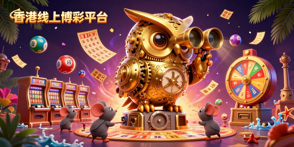 在香港線上博彩平台，鐘錶技術雕刻的金色貓頭鷹與小老鼠一起探索博彩樂園，充滿活力的場景。